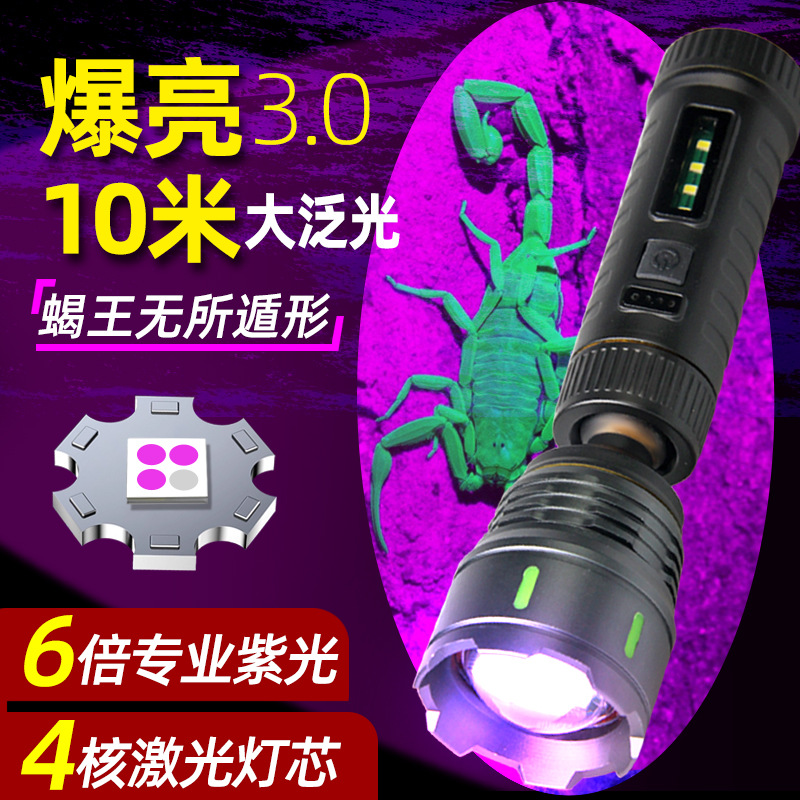 Cross-Border Large Floodlight Bright Purple Light Flashlight Outdoor Long-Lasting Strong Light Scorpion Lamp Scorpion Lamp