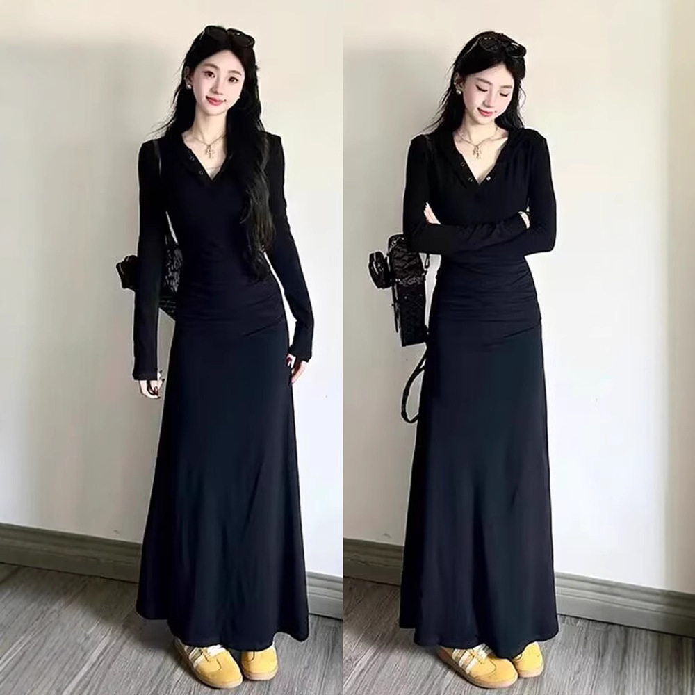 Spring and Autumn Black Hepburn Style Long-sleeved dress Women's Korean Cross-border New French Style Elegant Hip V-neck Dress