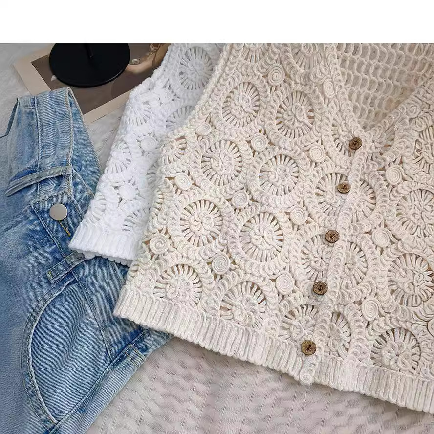 Picture of Summer Twist Wooden Buckle Knitted Cardigan Loosen Sleeveless Cutout Cute vintage Vest Inner Top