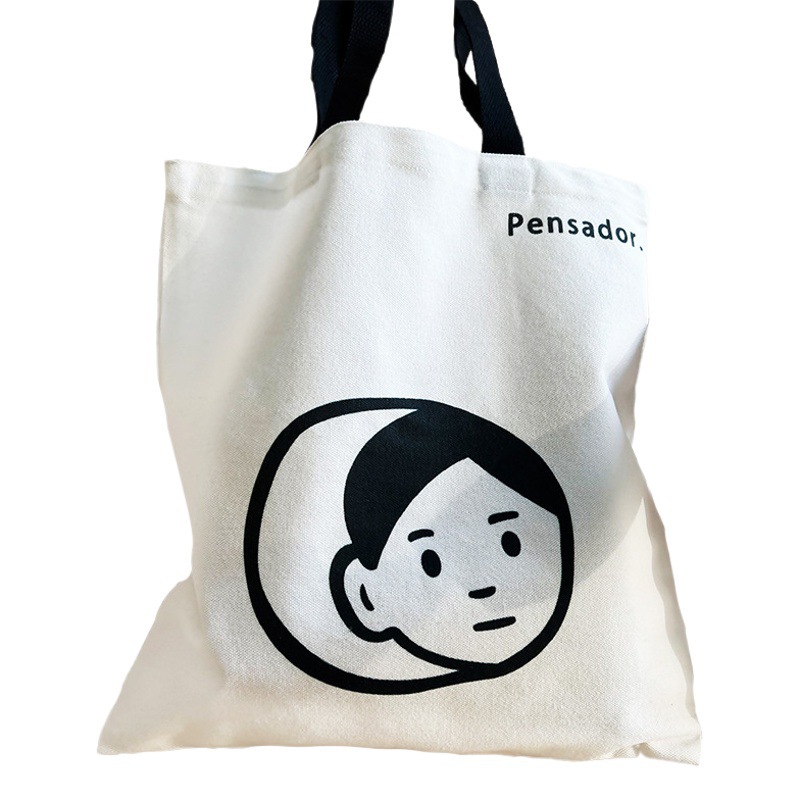Japanese and Korean Large-Capacity Canvas Bag, Lazy Style Simple Illustration Tote Bag, Small Fresh Shoulder Handbag, Simple for Women