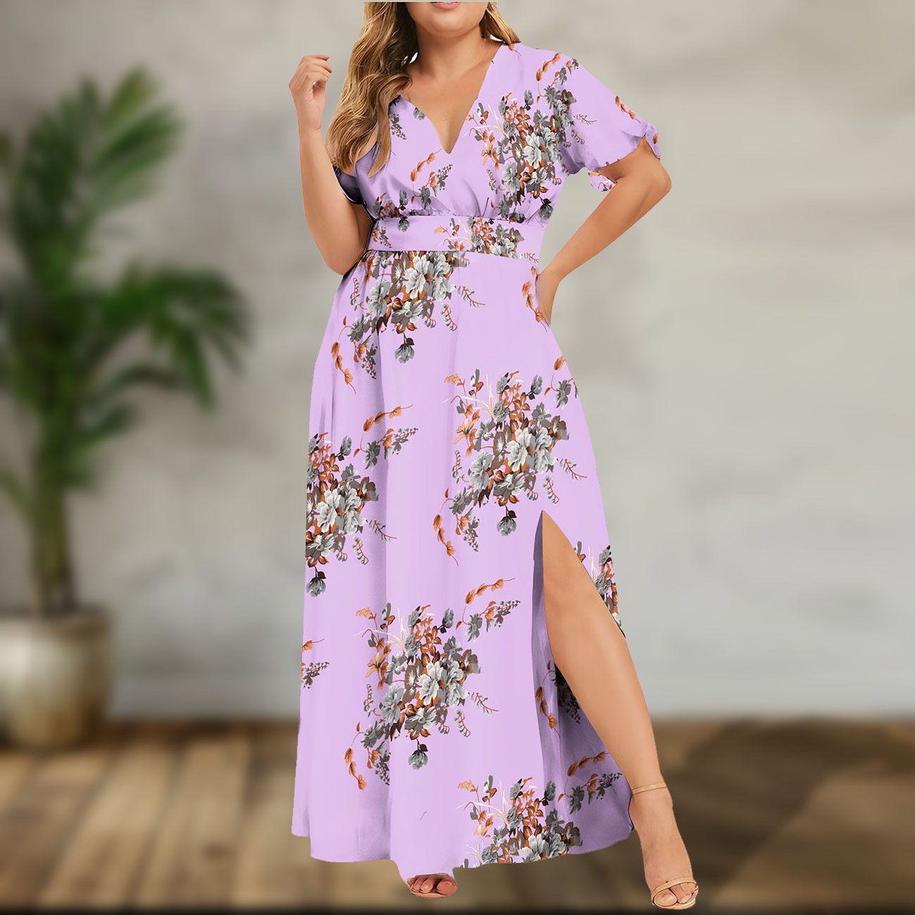 Picture of 2024 European and American Cross-Border Dress Summer New Plus Size Women's Printed Hem Slit Printed Short-Sleeved Dress
