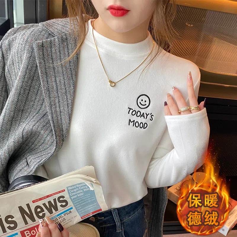Super soft waxy double-sided velvet bottoming shirt women's autumn and winter new long sleeve fleece-lined western style warm top T-shirt trendy