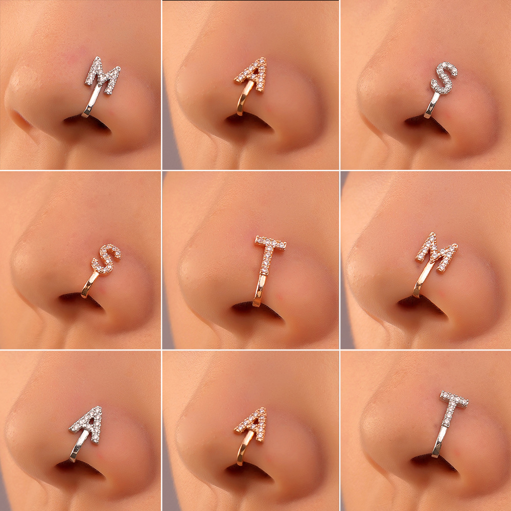 Aliexpress Punch-Free Nose Nail European and American Cross-Border Copper Inlaid with Zircon 26 English Letters U-Shaped Nose Clip Nose Ring Piercing Decoration