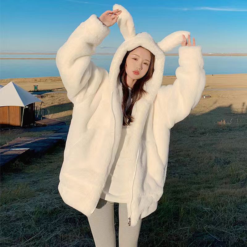 Picture of Cute Lamb Wool Coat with Rabbit Ears for Women, Winter 2025 New Style, Fleece-Lined, Thickened, Soft and Fluffy Cotton Jacket
