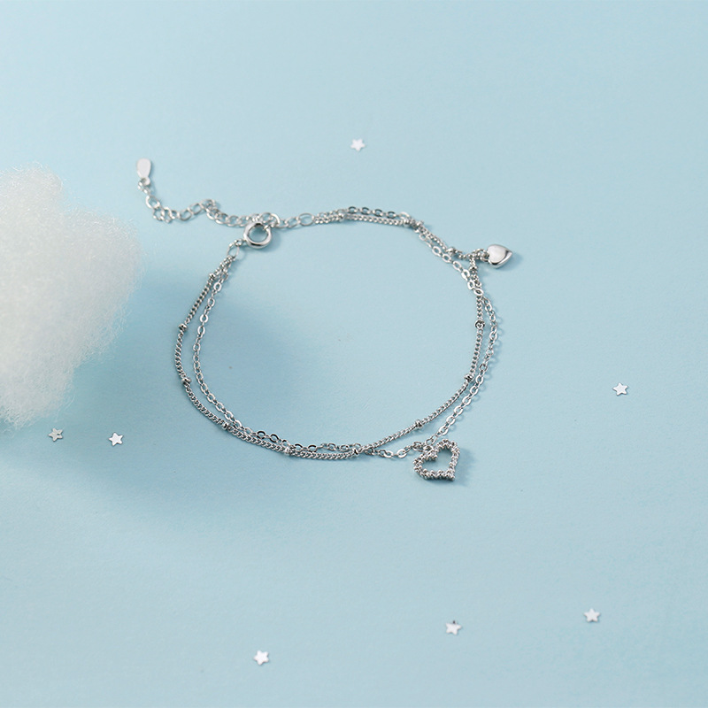 Korean Temperament Double-layer Love Anklet Women's Exquisite All-match Zircon Heart Ankle Chain Student Foot Chain