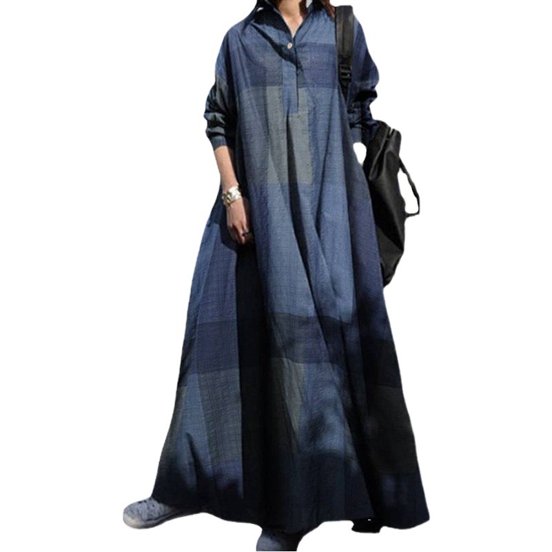 Fashionable Cotton and Linen Plaid Dress, Retro Ethnic Style Clothing, Printed Loose Long-Sleeved Large Hem Dress
