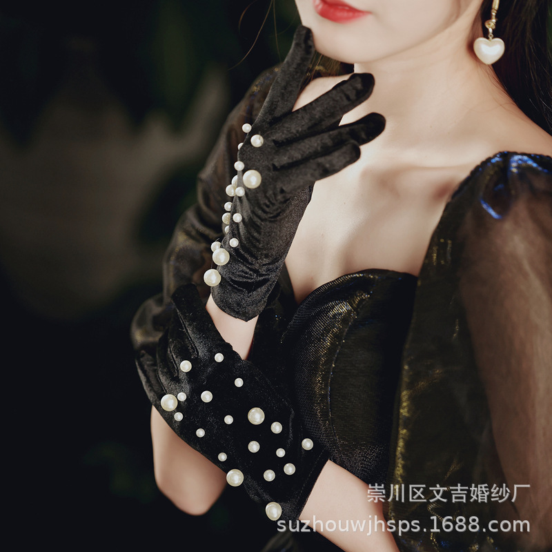 Picture of Long Velvet Glove Cloth Stud Pearl Finger Black Women's Dress Evening Banquet French Jewelry Bride Warm for Autumn and Winter