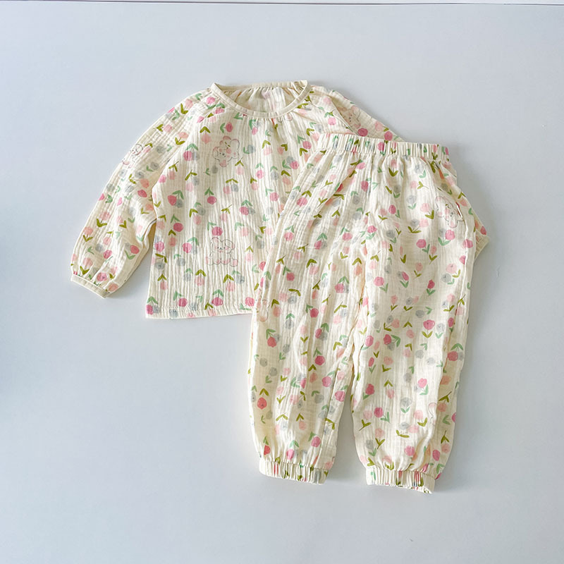 Picture of 2024 Children's Air-Conditioned Home Clothes Double-Layer Cotton Yarn Pajamas for Boys and Girls Pure Cotton Spring and Summer Thin Nefty Long-Sleeved suit