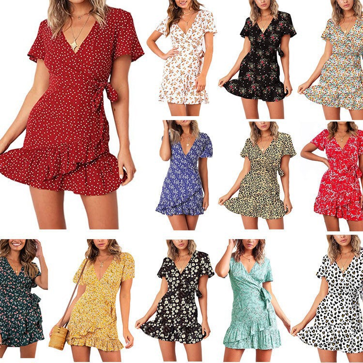 Amazon ebay European and American cross-border hot summer V-neck printed short-sleeved dress butterfly lace-up ruffled dress