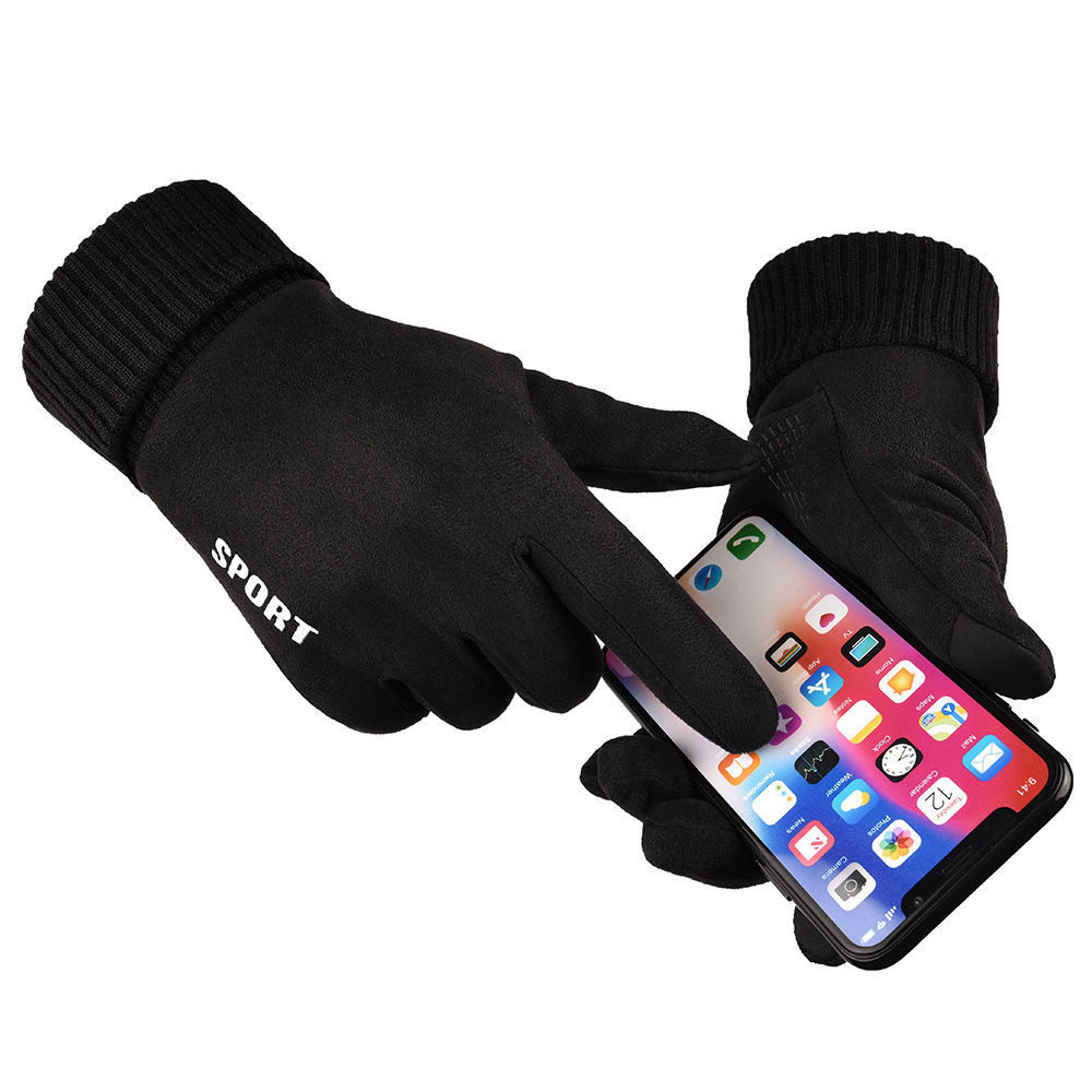 Suede gloves for men and women fleece-lined warm windproof non-slip outdoor touch screen students Korean cute riding driving