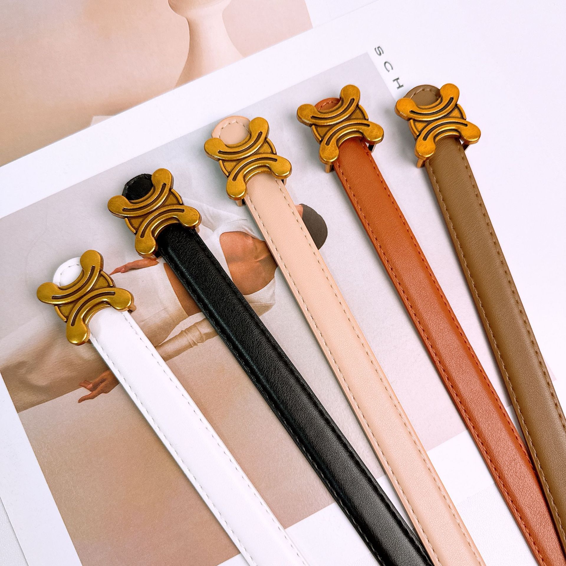 Bronze Letter Buckle Women's Belt Retro Light Luxury Style Matchinging Dress Elegant Ladies Decorative Thin Belt