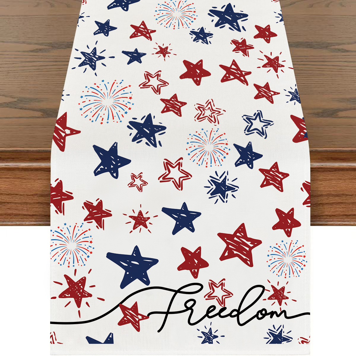 Picture of Explosions US Independence Day Decorative Table Runner Linen Star-stripe Printed Tablecloth Patriot Holiday Atmosphere Table Runner