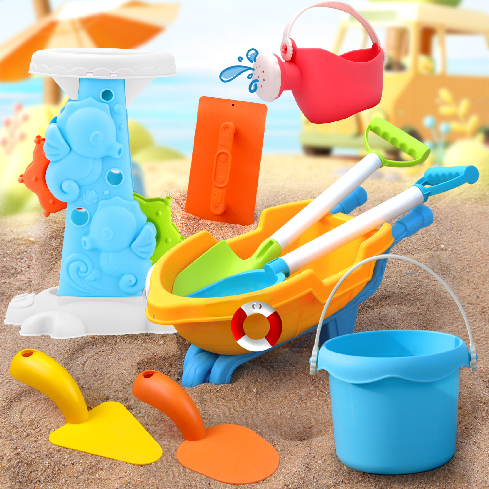 Picture of Children's Beach Toy Set, Atv, Sand Digging and Water Toys, Beach Bucket, Hourglass Shovel, Beach Sand Play Tools
