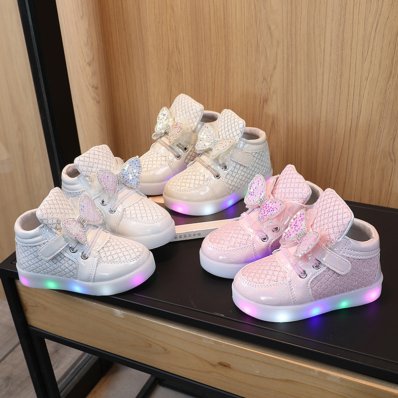 2025 Spring and Autumn New Fashionable Bowknot Sparkling Light-Up Shoes for Little Girls, Elegant Princess Sequin Shoes for Girls