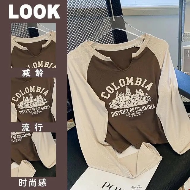 Autumn New Small V-neck Contrast Color Letter Printing Long-sleeved Short T-shirt Women's Base Shirt Top Long-sleeved Ins Trendy