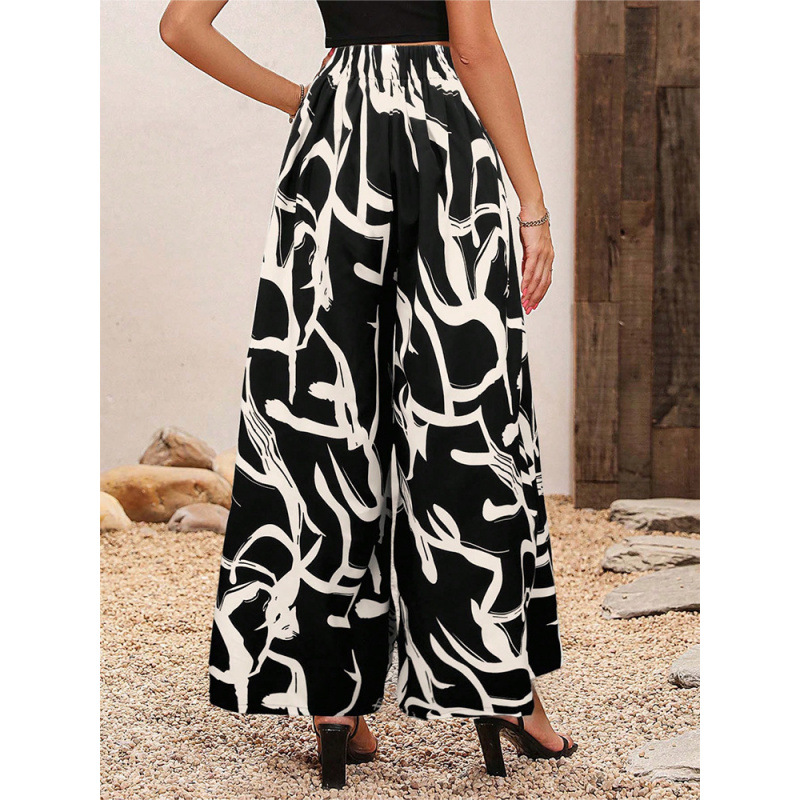 Picture of European and American Amazon Cross-border Foreign Trade Summer New Chiffon Leaf Printed Casual Pants Temperament High Waist Wide Leg Pants for Women