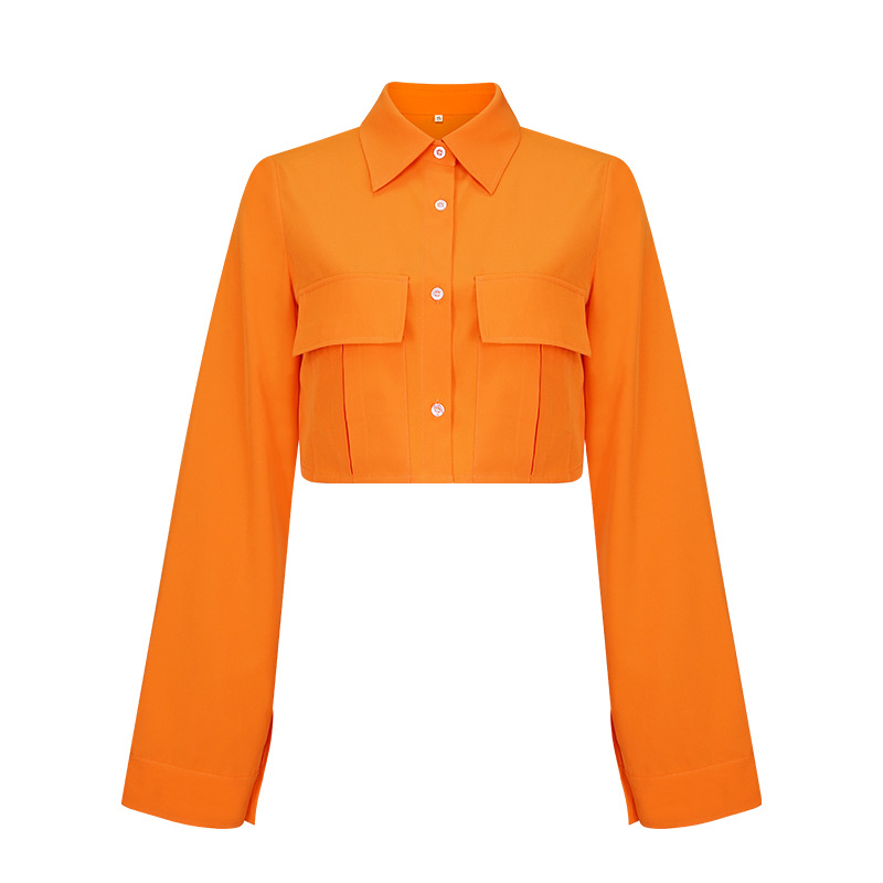 Picture of 2022 European and American Autum New Shirt Sense of Design Pure Color Flap Pocket Pants Short Design Sense of Design Casual Ins Top for Women