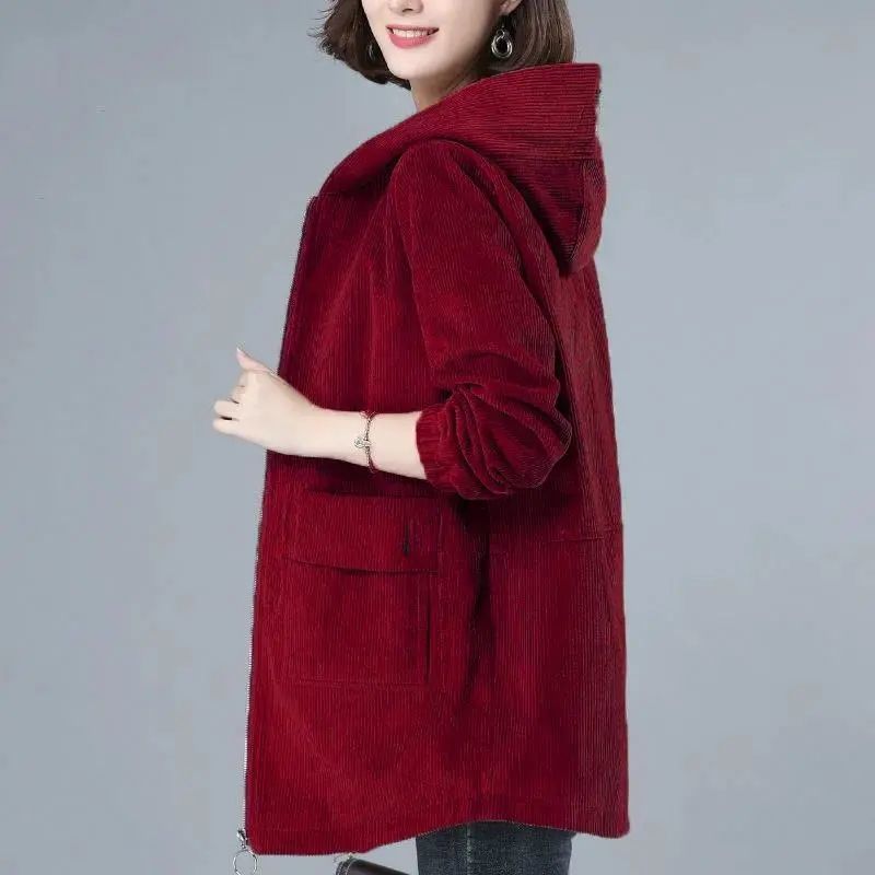 Corduroy Coat Women's Mid-length Spring and Autumn 2024 New plus size Hooded Loose All-match Middle-aged Mother's Dress
