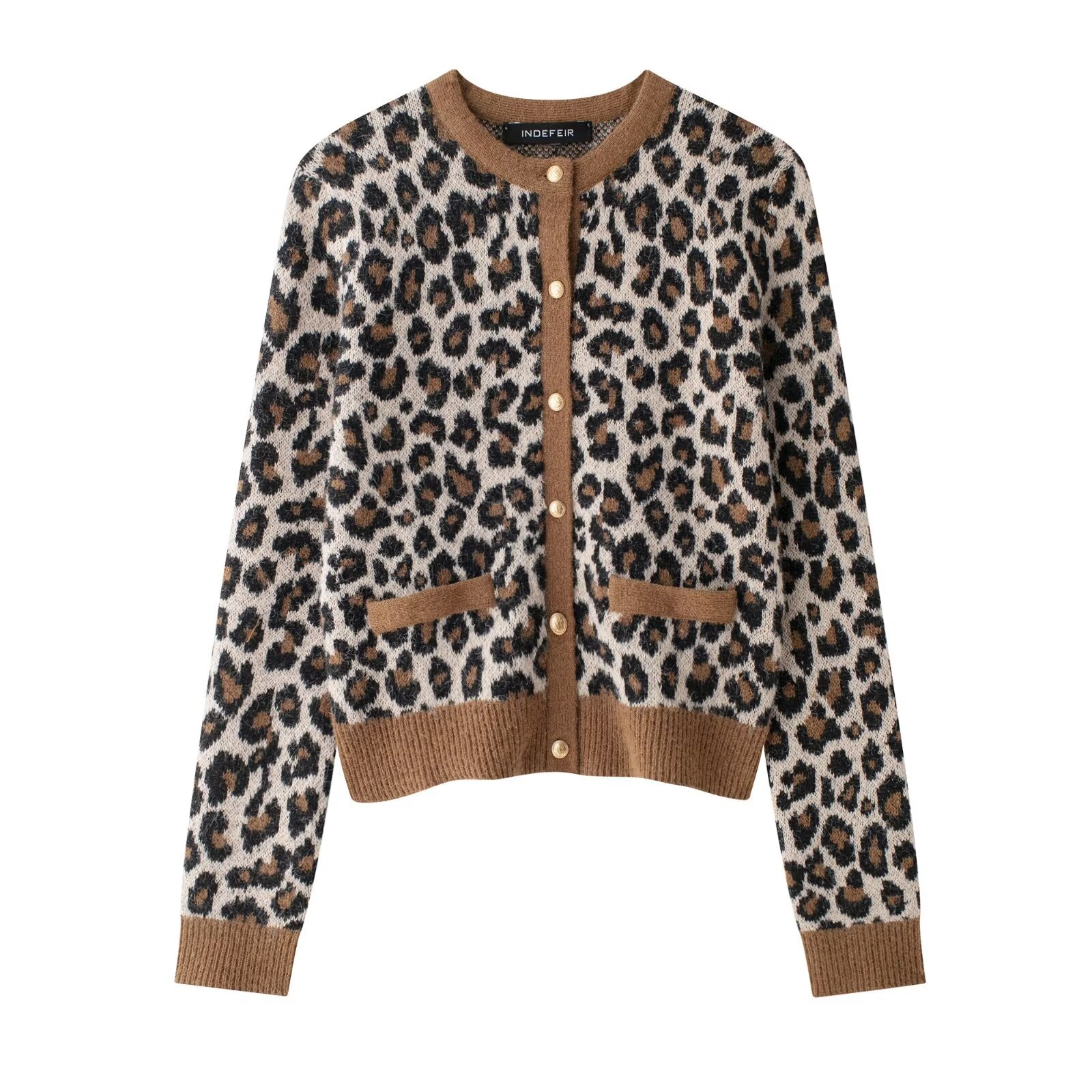 Crewneck Leopard Jacquard Color Blending Knitted Cardigan Women's 2025 Spring New Long Sleeve Fashionable European and American Style Sweater