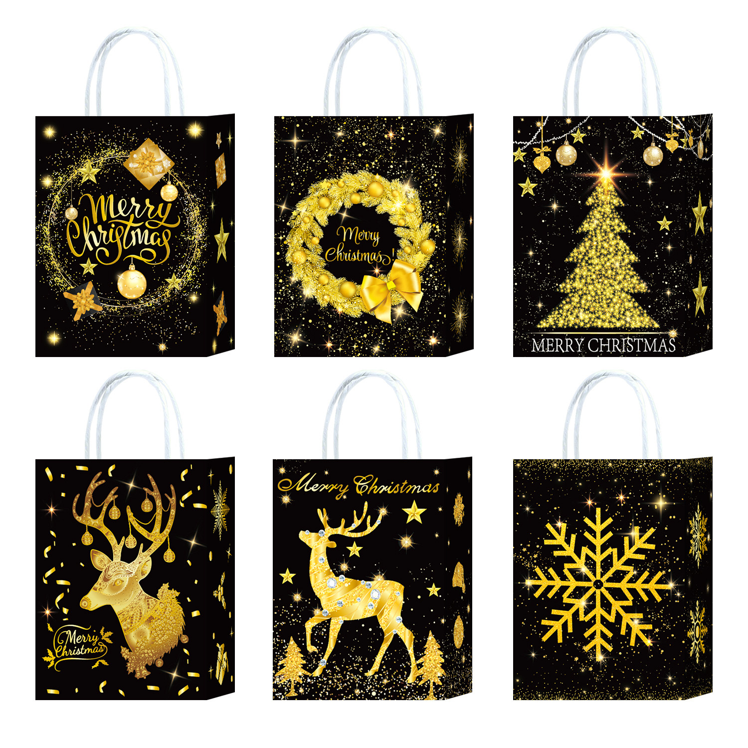 Christmas Printed Gold Theme Accompanying Gift Kraft Paper Bag Snowflake Snowman Christmas Tree Party Shopping Tote