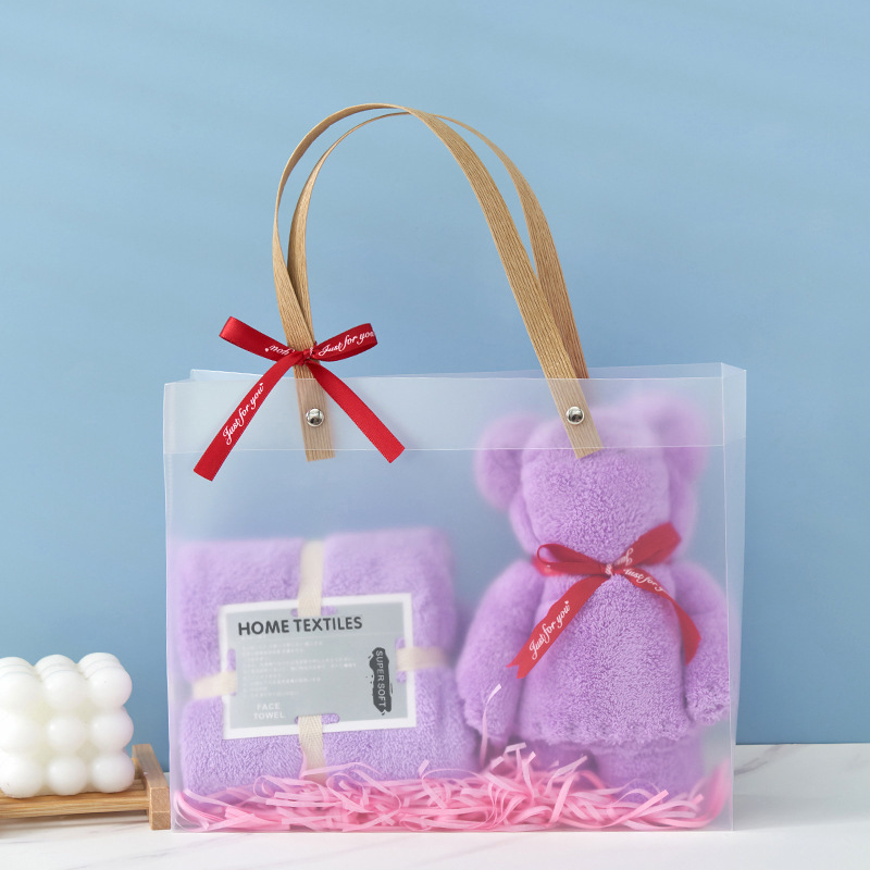 Picture of Coral Velvet Towel Pvc Double Satchel Gift Box Bear Holiday Wedding Souvenir Towel Gift Towel Embroider