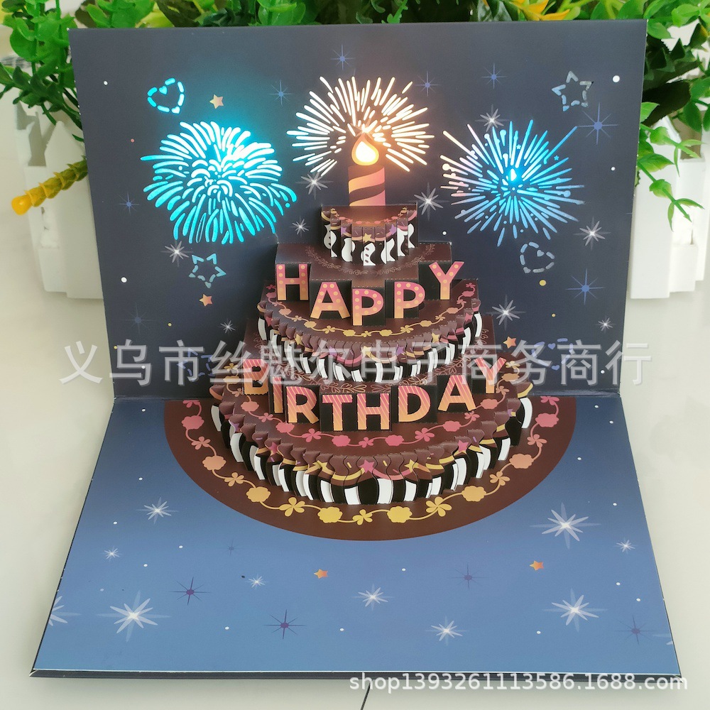 New creative 3d 3d birthday greeting card with light music birthday cake blessing card