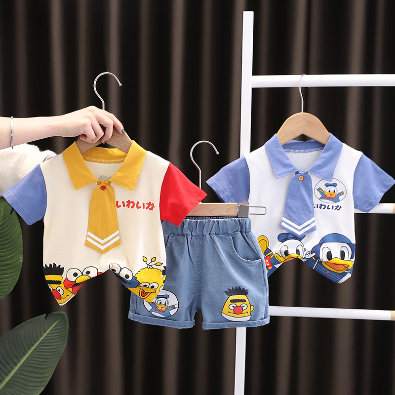 New lapel color matching tie cool handsome suit T shirt cool handsome trendy style suit boys summer Korean style children suit