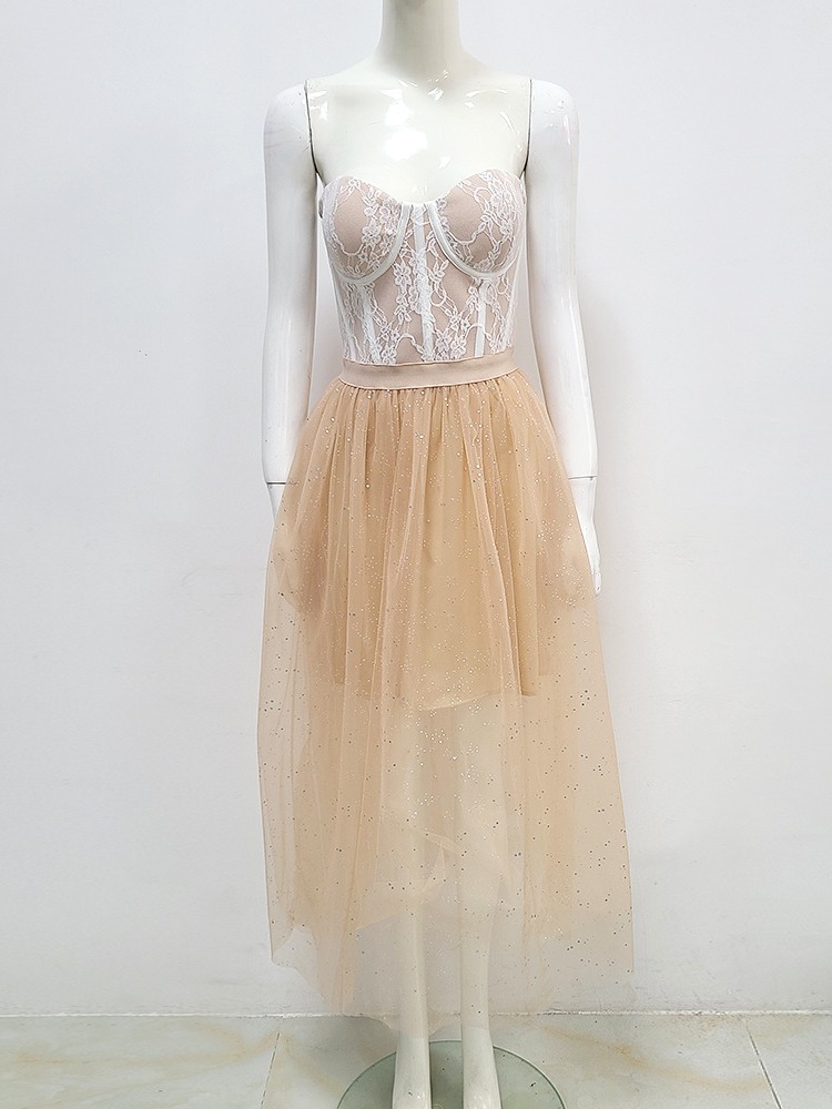 Picture of Independent station cross-border Women's lace hem mesh stitching dress tube top elastic bandage prom evening dress