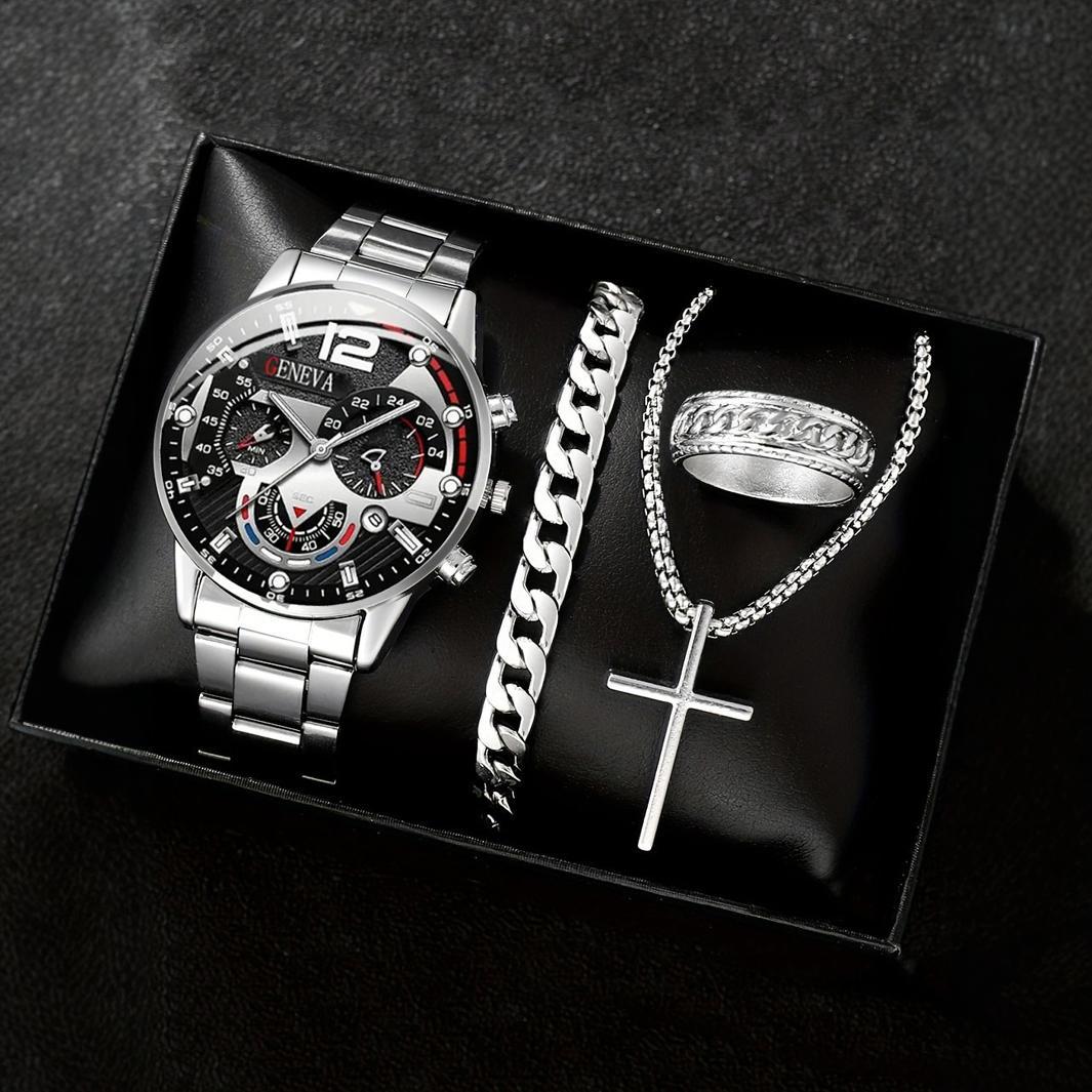 Fashion Men's Steel Band Geneva Casual Business Calendar Quartz Watch Ring Cross Necklace Bracelet suit