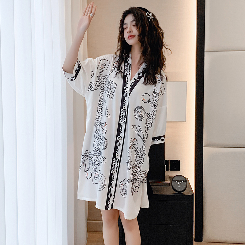 Yaoting Satin Chiffon Pajamas Women's Summer Playful Cute V-Neck Cardigan Loose Large Edition Nightdress 2693