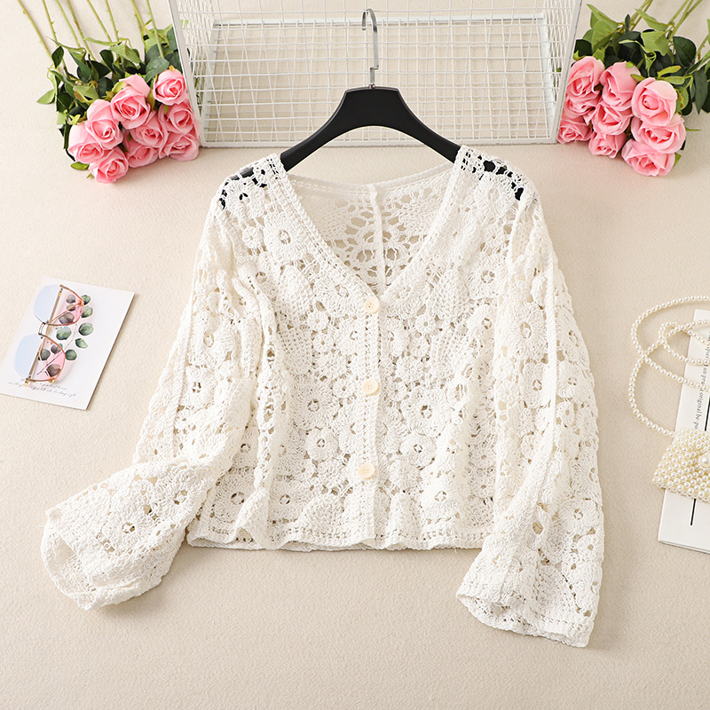 Picture of Long-sleeved Hollow-out Knitted Cardigan Women's Summer Outer Wearing New Crochet Short Chic Small Shirt with Skirt Air Conditioning Top