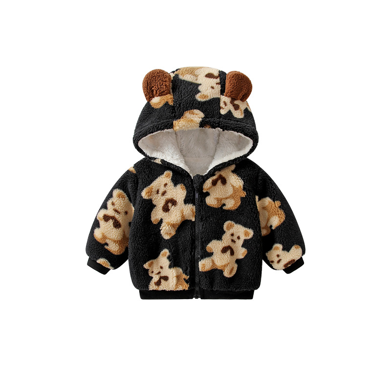 Picture of Children's Outwear Velvet Thickeneded Baby Warm Outing Clothes 2025 Autumn and Winter Cartoon Bear Hooded Baby Clothes
