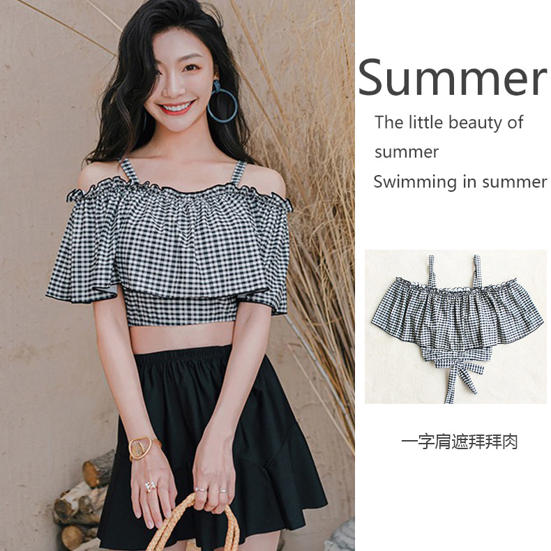 Plaid Swimsuit Women's High Waist Split Conservative Belly Covering Slimming Sexy off-shoulder Girl's Ruffled Swimsuit Flat Corner