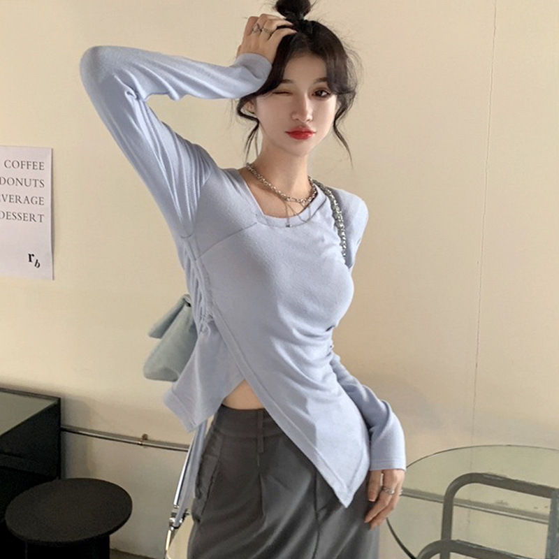Autumn New irregular pleated design women's clothing slimming slimming women's all-match niche long-sleeved top