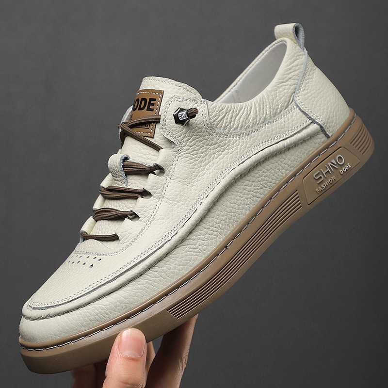 The first layer of cowhide casual white shoes spring new lace-up men's shoes soft board shoes thick-soled simple leather shoes for men
