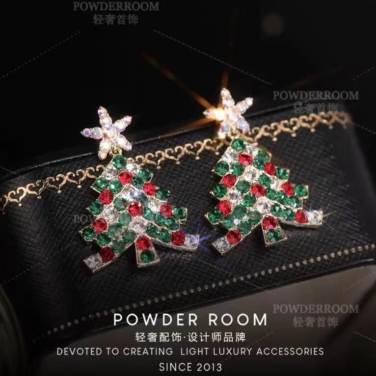 Europe and the United States cross-border new fashion shining stars five-pointed stars zircon Christmas tree colored diamond earrings Christmas ornaments