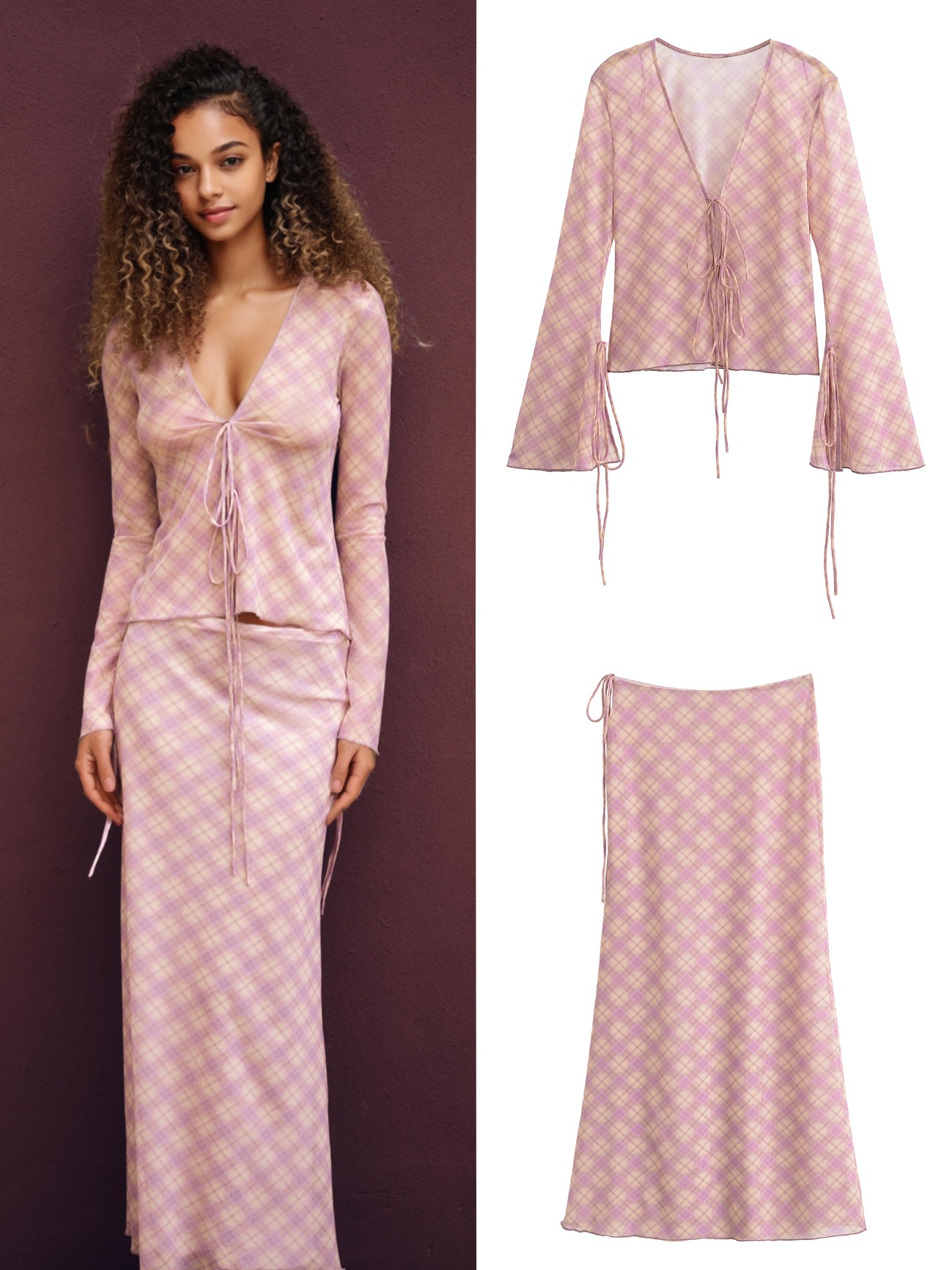 Foreign trade 2025 spring and summer new European and American style women's fashion temperament printing silk mesh shirt skirt suit