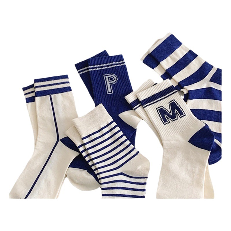 Small White Shoes Navy Style Socks Women's Letter M Women's Cotton Socks Ins Trendy All-match Combed Cotton Striped Stockings