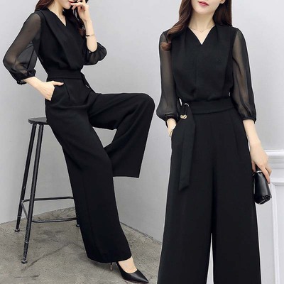 Picture of Spring and Summer New High Waist Chiffon Jumpsuit Black Cropped Sleeve Slim-fit Slimming Elegant Wide Leg Jumpsuit for Women