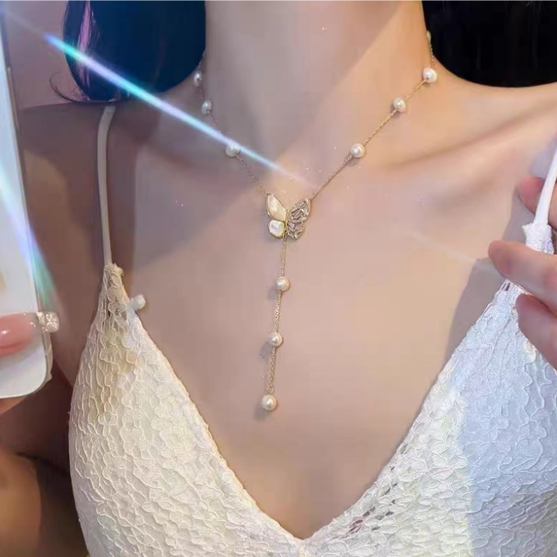 Super fairy Pearl butterfly tassel necklace for women light luxury high-end Internet celebrity popular clavicle chain fashion