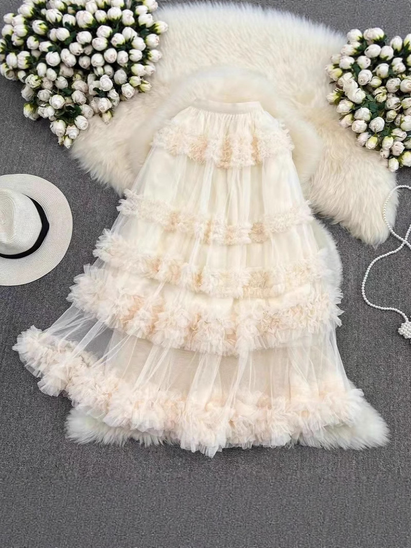 Cross-border high waist slimming mesh skirt elastic band mid-length knee-high irregular wooden ear super fairy cake skirt for women