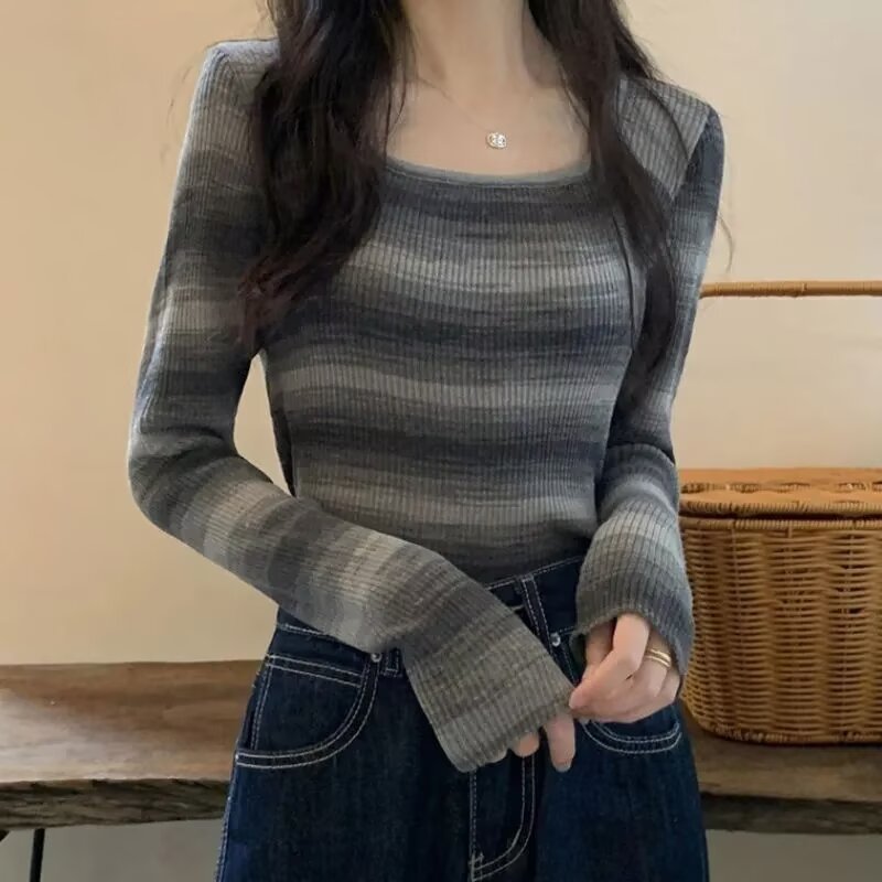 Contrast Stripesd Square Collar T-Shirt Women's Autum Knitwear Long-Sleeved French Short Style Design Top Niche Trend