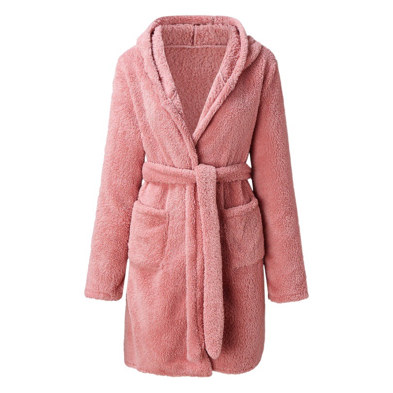 2023 step into European and American Foreign Trade Amazon autumn and winter hooded home plush pajamas solid color warm bathrobe for women