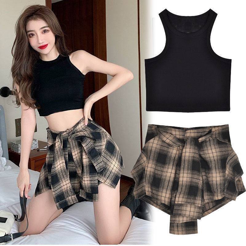 2022 Summer New Shorts Sexy Suit Women's All-match Slimming Spice Girls Short Vest Top Plaid Short Pants Trendy