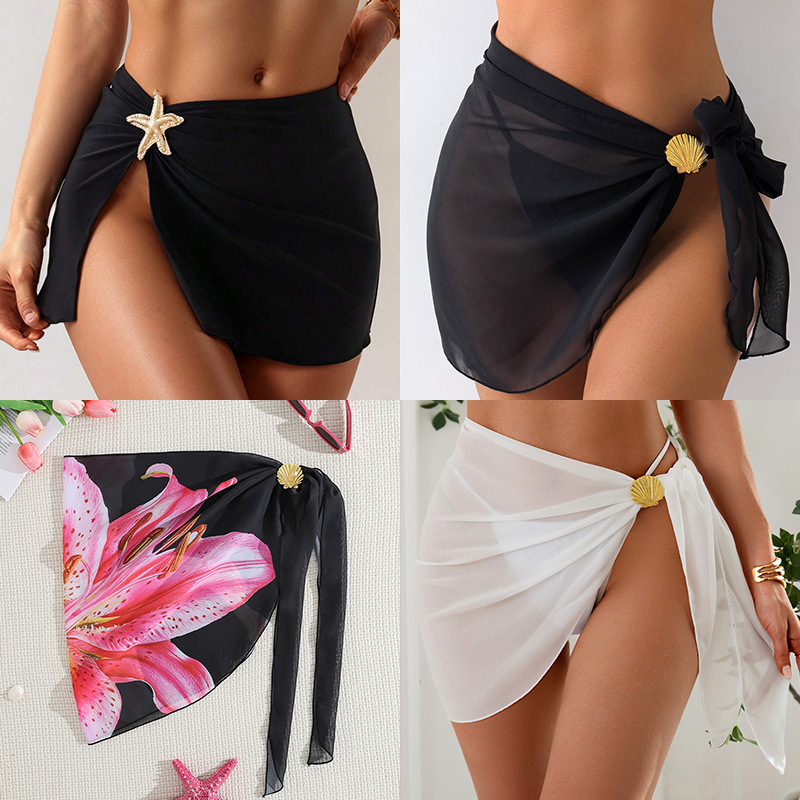 2025 Cross-Border Mesh Swimsuit Cover Skirt Metal Shell Accessories Beach Wrap Skirt Swimsuit Bikini Cover-Up Apron