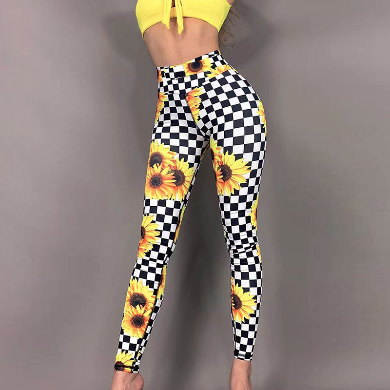 Cross-border Europe and America Amazon Sunflower Printed Sexy High Elastic Tight High Waist Sports Fitness Naked Yoga Pants