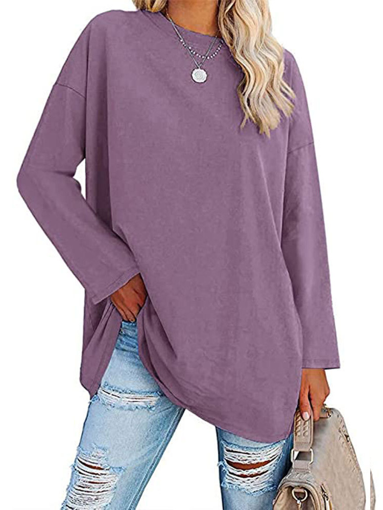 European and American Clothing Cross-Border Amazon Wish Aliexpress 2025 Autum New Loose Round Neck Casual Long-Sleeved T-Shirt