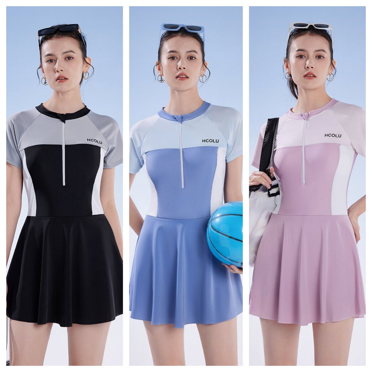 Sports skirt-style one-piece short-sleeved swimsuit women's slightly fat mm slim conservative belly-covering students hot spring swimwear wholesale