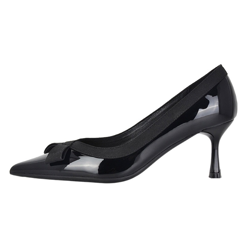 3356-19 sheepskin French high heels women's thin heel pointed shoes commuter bow temperament not tired feet shallow mouth