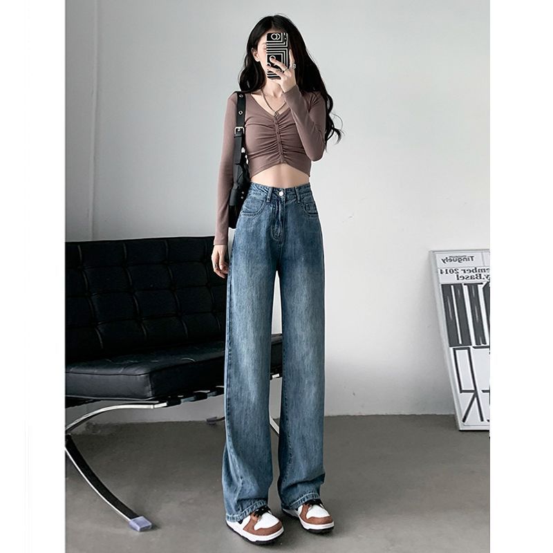 American drape, loose wide-leg jeans, women's high waist, tall and slim, floor-length jeans, cross-border source wholesale